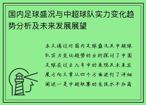 国内足球盛况与中超球队实力变化趋势分析及未来发展展望